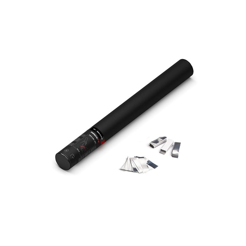 Handheld confetti cannon, 50 cm, white paper + silver metallic