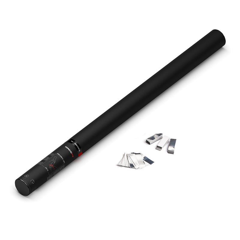 Handheld confetti cannon, 80 cm, white paper + silver metallic