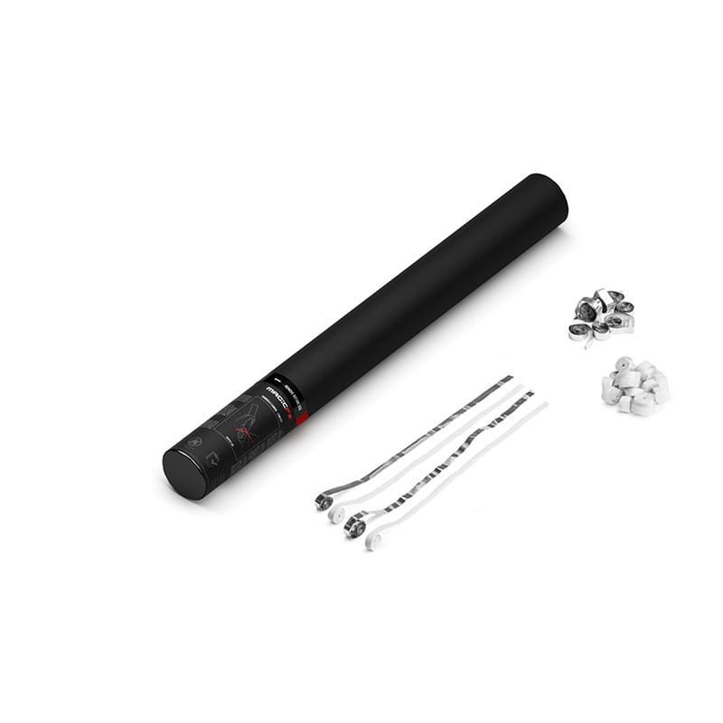 Handheld streamer cannon, 50 cm, white paper + silver metallic