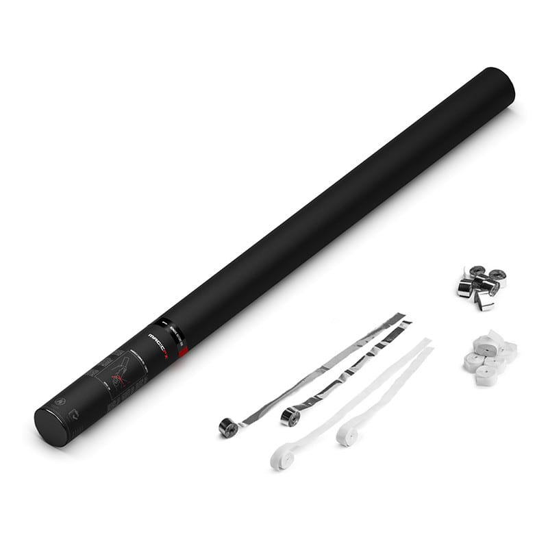 Handheld streamer cannon, 80 cm, white paper + silver metallic