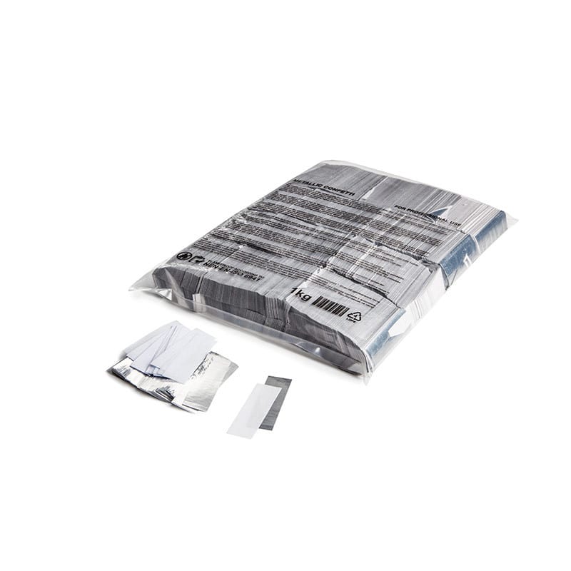 Slowfall confetti rectangles 55 x 17 mm, white paper + silver metallic, 1 kg