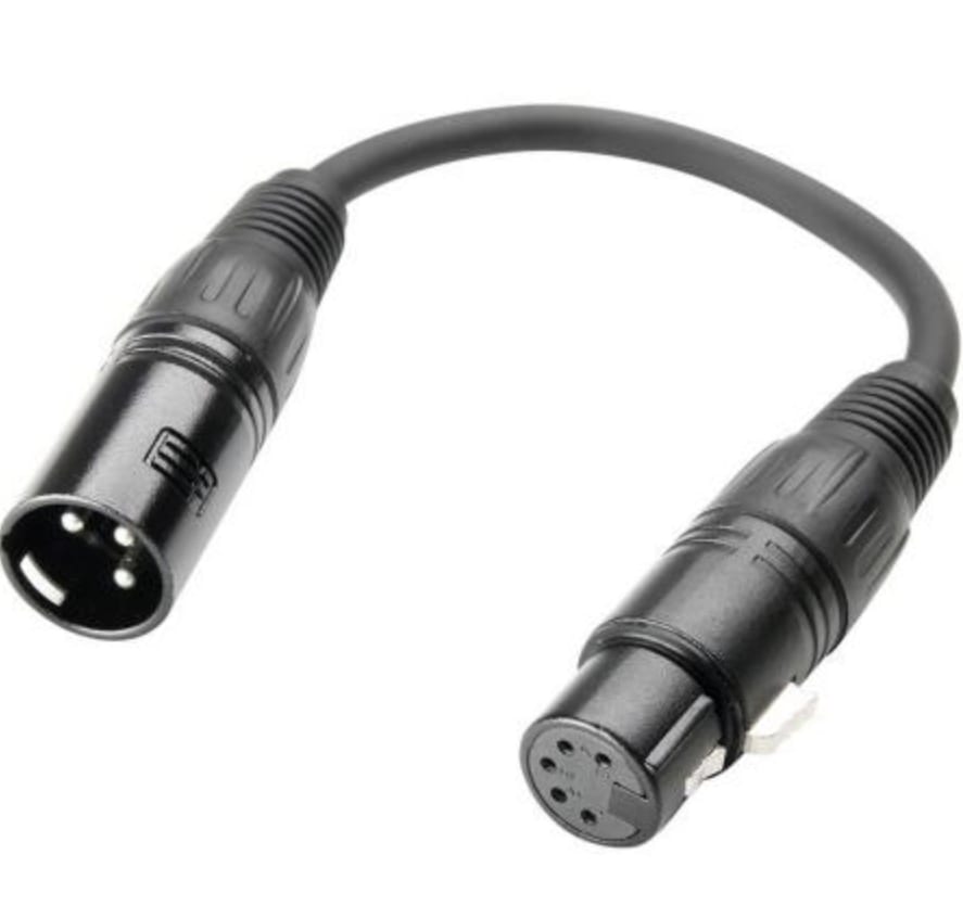 3-pin male DMX to 5-pin female DMX converter